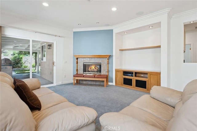 19613 Edmonds Pl, Saugus, CA 91350 - living area with carpet floors, crown molding, recessed lighting, and a warm lit fireplace