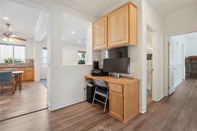 19613 Edmonds Pl, Saugus, CA 91350 - office featuring ornamental molding, wood finished floors, a ceiling fan, healthy amount of natural light, and recessed lighting