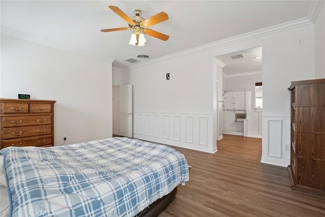 19613 Edmonds Pl, Saugus, CA 91350 - bedroom featuring wood finished floors, ornamental molding, wainscoting, and a ceiling fan