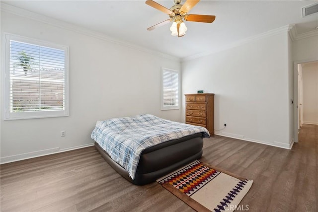 19613 Edmonds Pl, Saugus, CA 91350 - bedroom with wood finished floors, crown molding, and a ceiling fan