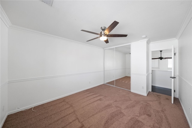29083 Bent Tree Dr, Murrieta, CA 92563 - unfurnished bedroom featuring carpet flooring, ornamental molding, a closet, baseboards, and a ceiling fan