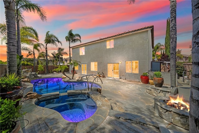 29083 Bent Tree Dr, Murrieta, CA 92563 - view of swimming pool with a fire pit, a patio area, a fenced backyard, and a pool with connected hot tub
