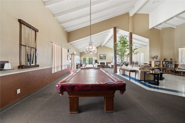 43195 Andrade Ave Unit L, Hemet, CA 92544 - rec room featuring beamed ceiling, high vaulted ceiling, plenty of natural light, a textured wall, and billiards table