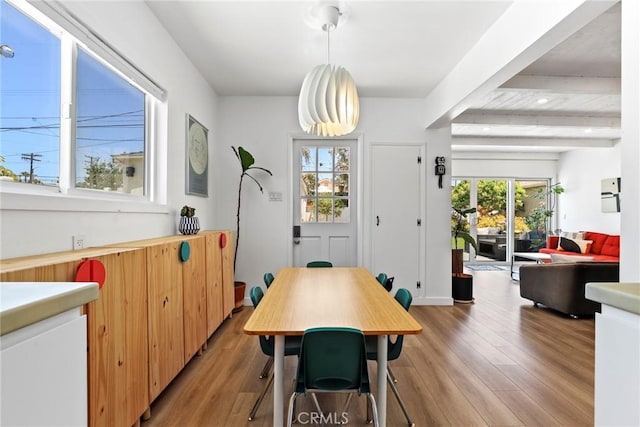 1156 W 26th St, San Pedro, CA 90731 - dining room featuring light wood finished floors, beam ceiling, and recessed lighting