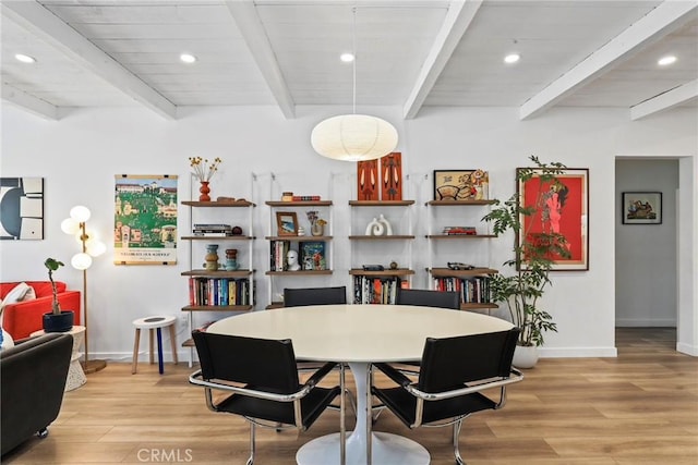 1156 W 26th St, San Pedro, CA 90731 - dining space with beam ceiling, baseboards, light wood finished floors, and recessed lighting