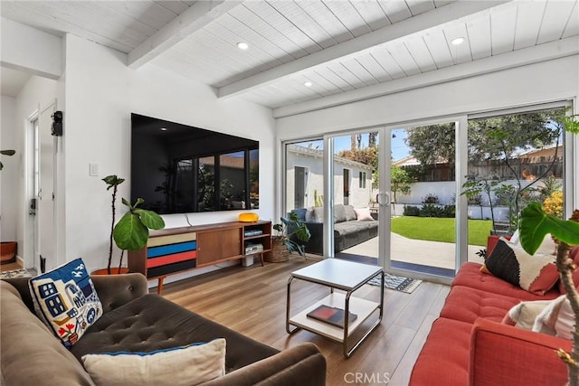 1156 W 26th St, San Pedro, CA 90731 - living room featuring wood finished floors and wood ceiling with exposed beams