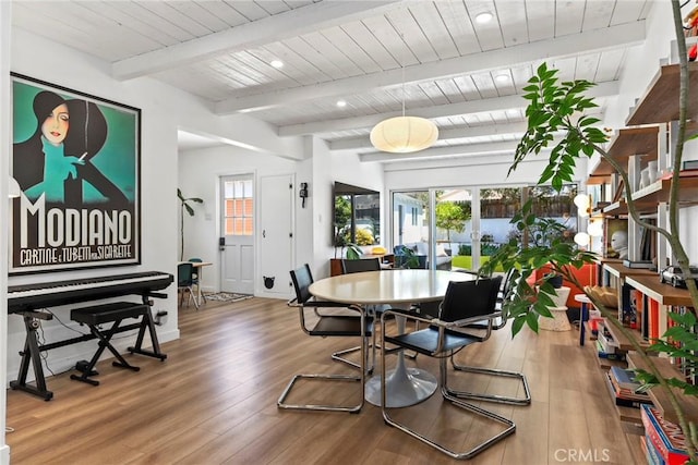 1156 W 26th St, San Pedro, CA 90731 - dining room featuring wood ceiling with exposed beams, wood finished floors, and baseboards