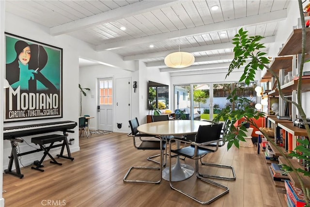 1156 W 26th St, San Pedro, CA 90731 - dining area with a wood ceiling with exposed beams and wood finished floors
