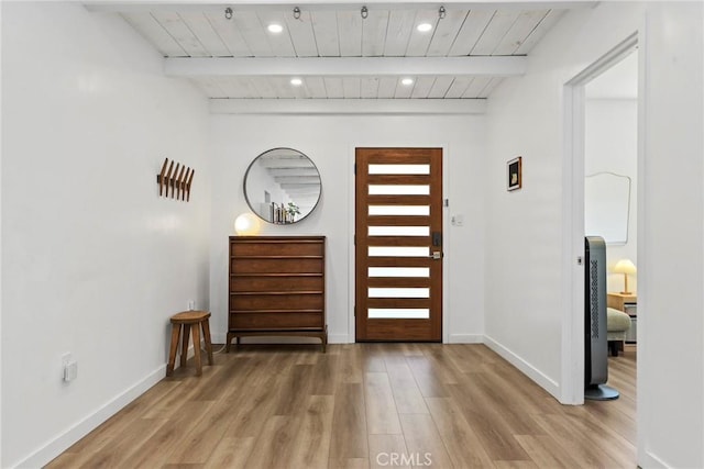 1156 W 26th St, San Pedro, CA 90731 - foyer entrance featuring wooden ceiling with exposed beams, light wood-style flooring, and baseboards