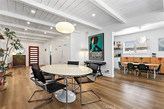 1156 W 26th St, San Pedro, CA 90731 - dining space featuring wood finished floors, recessed lighting, and wooden ceiling with exposed beams