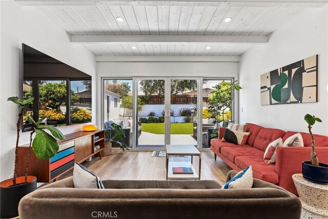 1156 W 26th St, San Pedro, CA 90731 - living room with wood finished floors, wood ceiling with exposed beams, and french doors