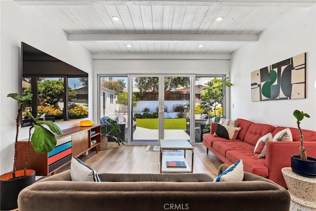 1156 W 26th St, San Pedro, CA 90731 - living area featuring wood finished floors, a wood ceiling with exposed beams, and french doors