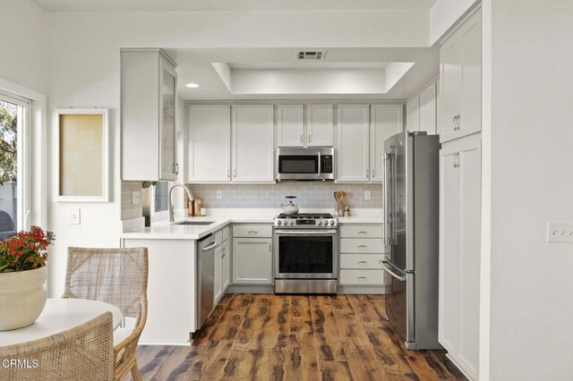 1164 Amberton Ln, Newbury Park, CA 91320 - kitchen featuring appliances with stainless steel finishes, backsplash, dark wood-type flooring, light countertops, and a raised ceiling