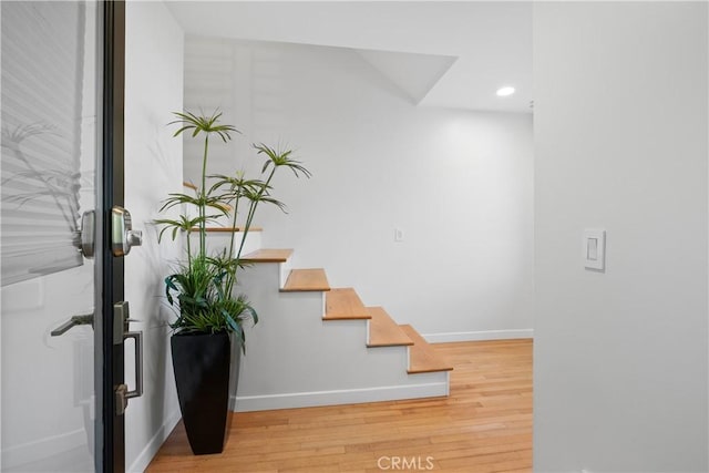 901 Summit Dr, Laguna Beach, CA 92651 - stairway with wood finished floors, baseboards, recessed lighting, and french doors