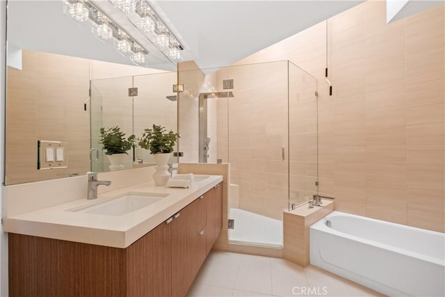 901 Summit Dr, Laguna Beach, CA 92651 - full bath featuring vanity, a bath, a stall shower, tile patterned flooring, and tile walls