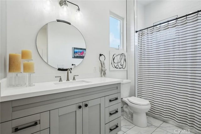 1926 Ruhland Ave Unit B, Redondo Beach, CA 90278 - bathroom with vanity, marble finish floors, toilet, and curtained shower