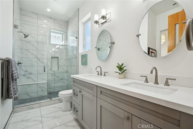 1926 Ruhland Ave Unit B, Redondo Beach, CA 90278 - bathroom with marble look tiles, toilet, double vanity, a stall shower, and recessed lighting