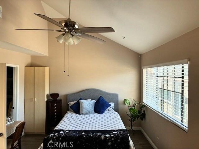 2249 Montrose Ave Unit 7, Montrose, CA 91020 - bedroom featuring wood finished floors, vaulted ceiling, baseboards, and ceiling fan
