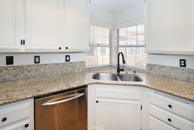 23 Gauguin Cir, Aliso Viejo, CA 92656 - kitchen with dishwasher, a sink, white cabinetry, and light stone counters