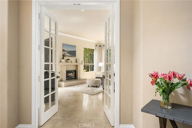 31291 Via Fajita, San Juan Capistrano, CA 92675 - hall with french doors, light tile patterned flooring, ornamental molding, and baseboards