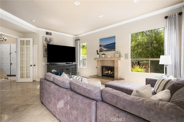 31291 Via Fajita, San Juan Capistrano, CA 92675 - living area with ornamental molding, a high end fireplace, a chandelier, and recessed lighting