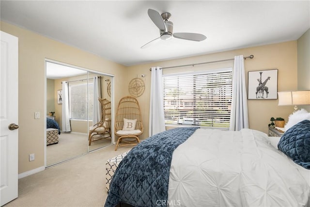 31291 Via Fajita, San Juan Capistrano, CA 92675 - bedroom with light carpet, a closet, ceiling fan, and baseboards