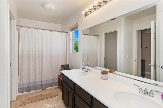 26273 Palm Tree Ln, Murrieta, CA 92563 - bathroom with double vanity and curtained shower