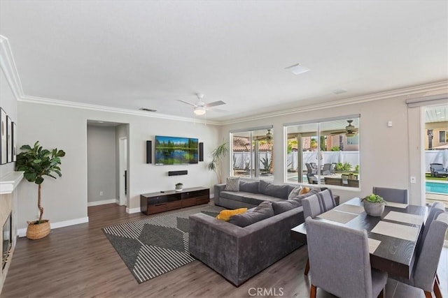 26273 Palm Tree Ln, Murrieta, CA 92563 - living area with ceiling fan, ornamental molding, wood finished floors, and baseboards
