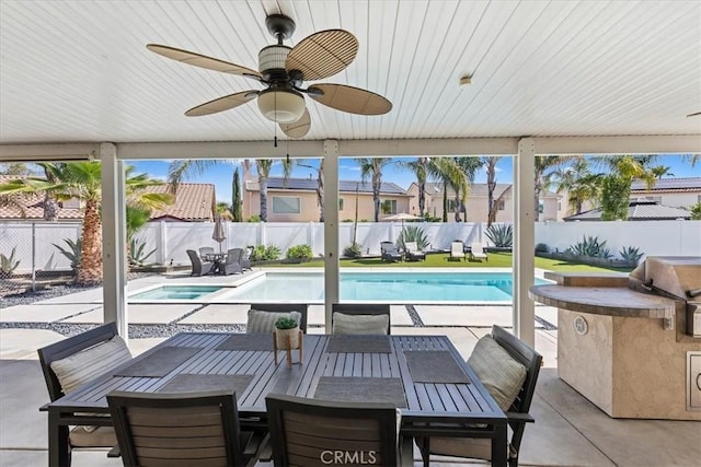 26273 Palm Tree Ln, Murrieta, CA 92563 - view of swimming pool with a fenced backyard, a patio area, ceiling fan, and outdoor dining area