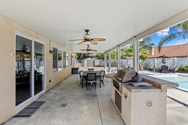 26273 Palm Tree Ln, Murrieta, CA 92563 - fenced backyard featuring outdoor dining space, a patio, and a ceiling fan