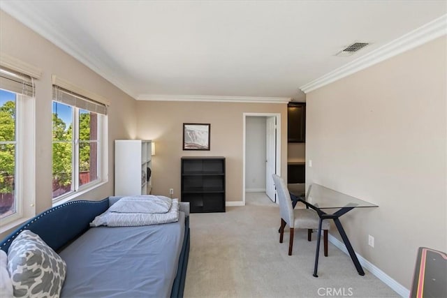 26273 Palm Tree Ln, Murrieta, CA 92563 - bedroom with light colored carpet, ornamental molding, and baseboards