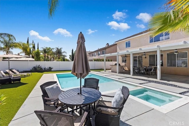 26273 Palm Tree Ln, Murrieta, CA 92563 - view of pool with a ceiling fan, outdoor dining area, an in-ground hot tub, and a patio area