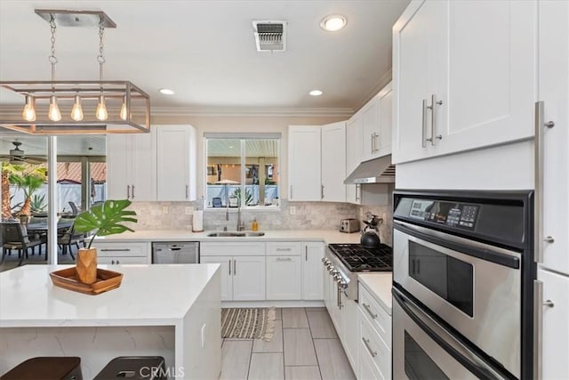 26273 Palm Tree Ln, Murrieta, CA 92563 - kitchen with a sink, stainless steel appliances, under cabinet range hood, white cabinets, and ornamental molding