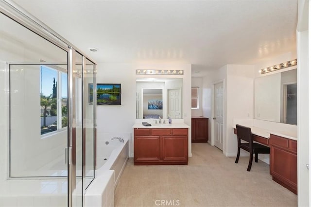 26273 Palm Tree Ln, Murrieta, CA 92563 - full bathroom featuring vanity, a garden tub, and a shower stall