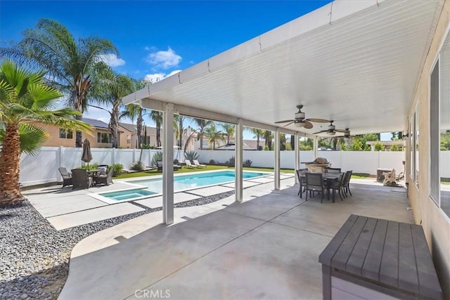 26273 Palm Tree Ln, Murrieta, CA 92563 - view of pool featuring outdoor dining space, a fenced backyard, ceiling fan, and a patio area