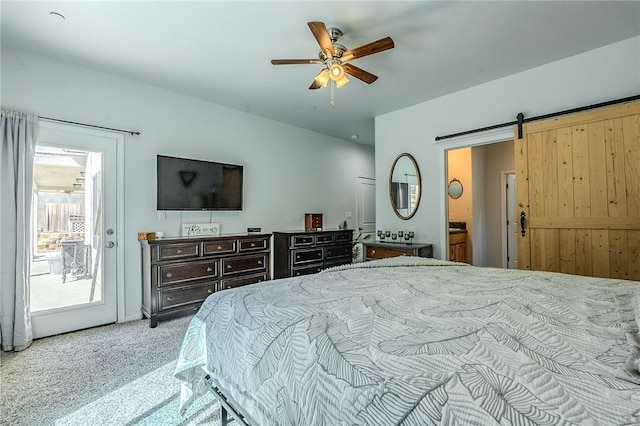 21604 Adam Dr, Tehachapi, CA 93561 - carpeted bedroom with access to exterior, a barn door, ensuite bathroom, and ceiling fan