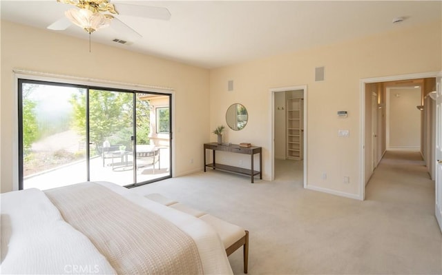 570 Jenny Pl, Arroyo Grande, CA 93420 - bedroom with access to exterior, light colored carpet, baseboards, a walk in closet, and a ceiling fan