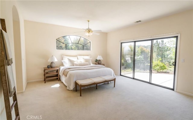 570 Jenny Pl, Arroyo Grande, CA 93420 - bedroom with access to outside, carpet flooring, baseboards, a ceiling fan, and arched walkways