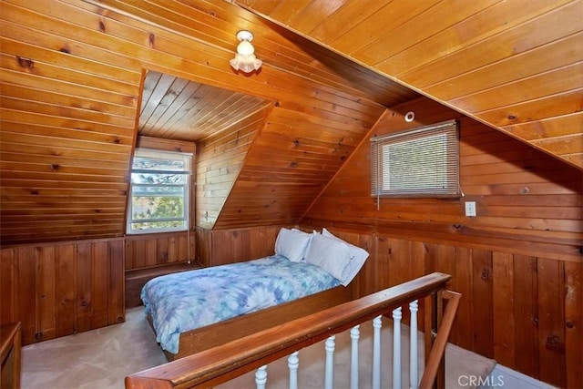 681 Chipmunk Ln, Big Bear Lake, CA 92315 - bedroom featuring wooden ceiling, multiple windows, wood walls, carpet floors, and lofted ceiling