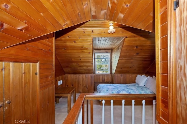 681 Chipmunk Ln, Big Bear Lake, CA 92315 - bedroom featuring wooden walls, wood ceiling, and lofted ceiling