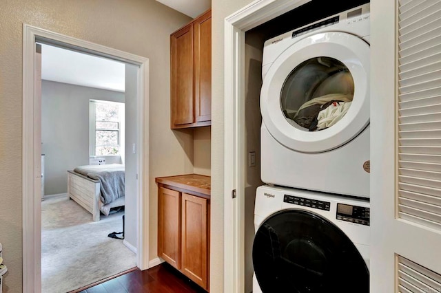 4300 Newton Ave Unit 110, San Diego, CA 92113 - washroom featuring stacked washing machine and dryer and dark wood-style flooring