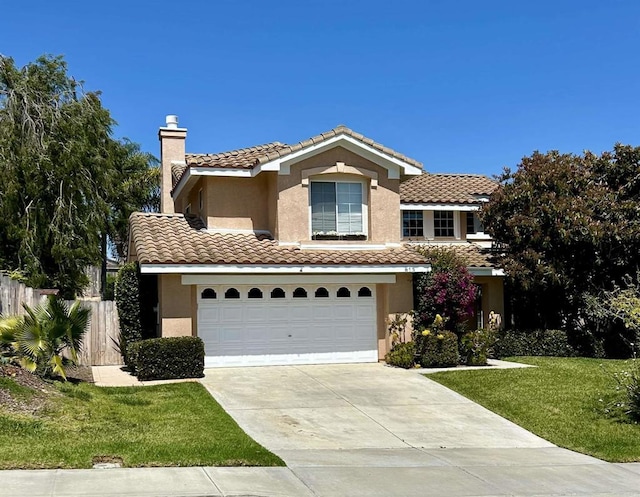 513 Shadow Tree Dr, Oceanside, CA 92058 - mediterranean / spanish home featuring stucco siding, driveway, a tile roof, a chimney, and an attached garage