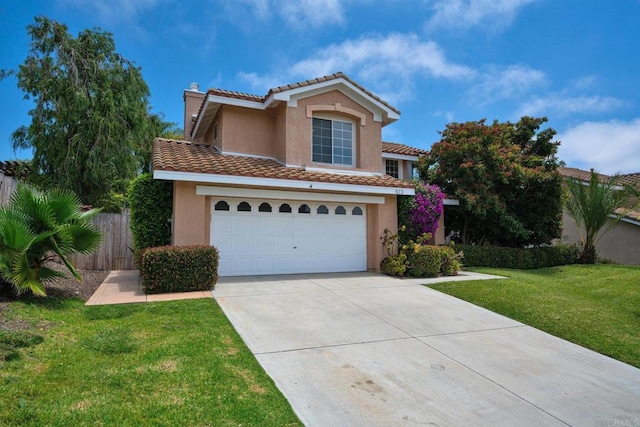 513 Shadow Tree Dr, Oceanside, CA 92058 - mediterranean / spanish-style house featuring concrete driveway, a tile roof, stucco siding, a chimney, and an attached garage