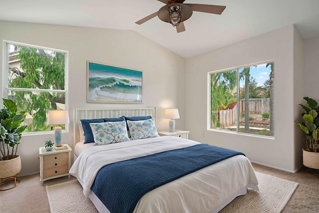 513 Shadow Tree Dr, Oceanside, CA 92058 - carpeted bedroom featuring lofted ceiling, a ceiling fan, and baseboards