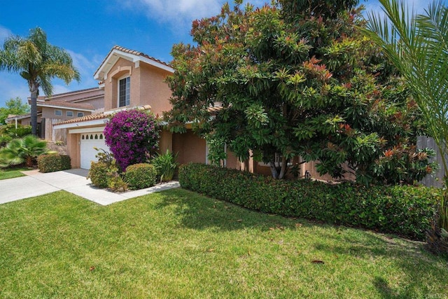 513 Shadow Tree Dr, Oceanside, CA 92058 - view of front of house featuring stucco siding, driveway, a front yard, a garage, and a tile roof
