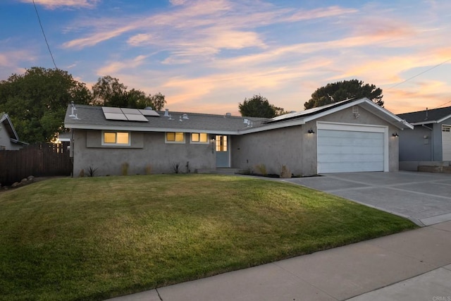 4158 Seri St, San Diego, CA 92117 - ranch-style home featuring stucco siding, an attached garage, solar panels, and concrete driveway