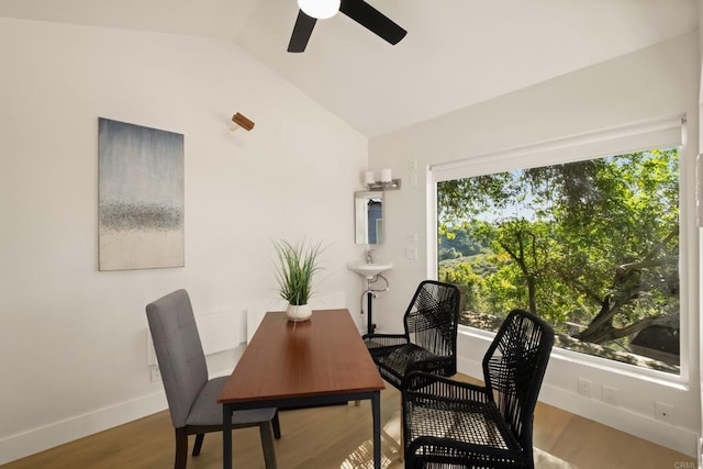 4158 Seri St, San Diego, CA 92117 - office with lofted ceiling, ceiling fan, baseboards, and wood finished floors