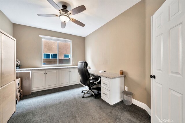 16139 Crooked Creek Ct, Chino Hills, CA 91709 - home office with dark carpet, a ceiling fan, and baseboards