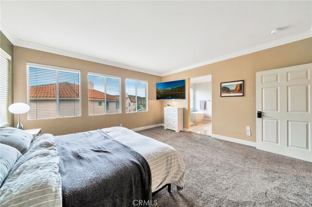16139 Crooked Creek Ct, Chino Hills, CA 91709 - bedroom featuring ornamental molding, baseboards, carpet floors, and ensuite bath
