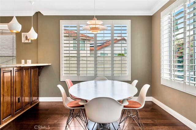 16139 Crooked Creek Ct, Chino Hills, CA 91709 - dining space featuring crown molding, plenty of natural light, dark wood-style flooring, and baseboards